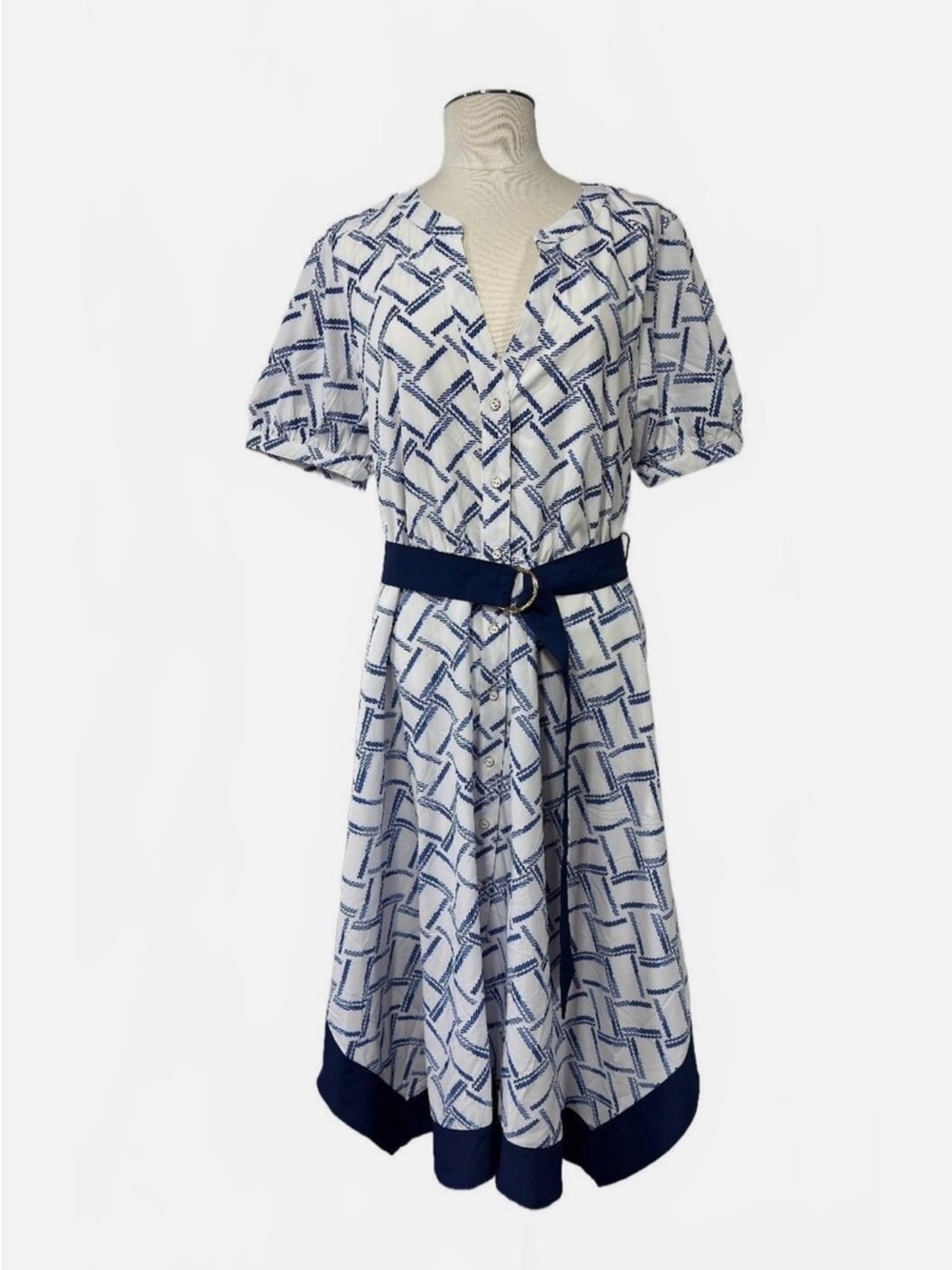 Karl Lagerfeld White & Navy Geometric Print Midi Dress with Belt